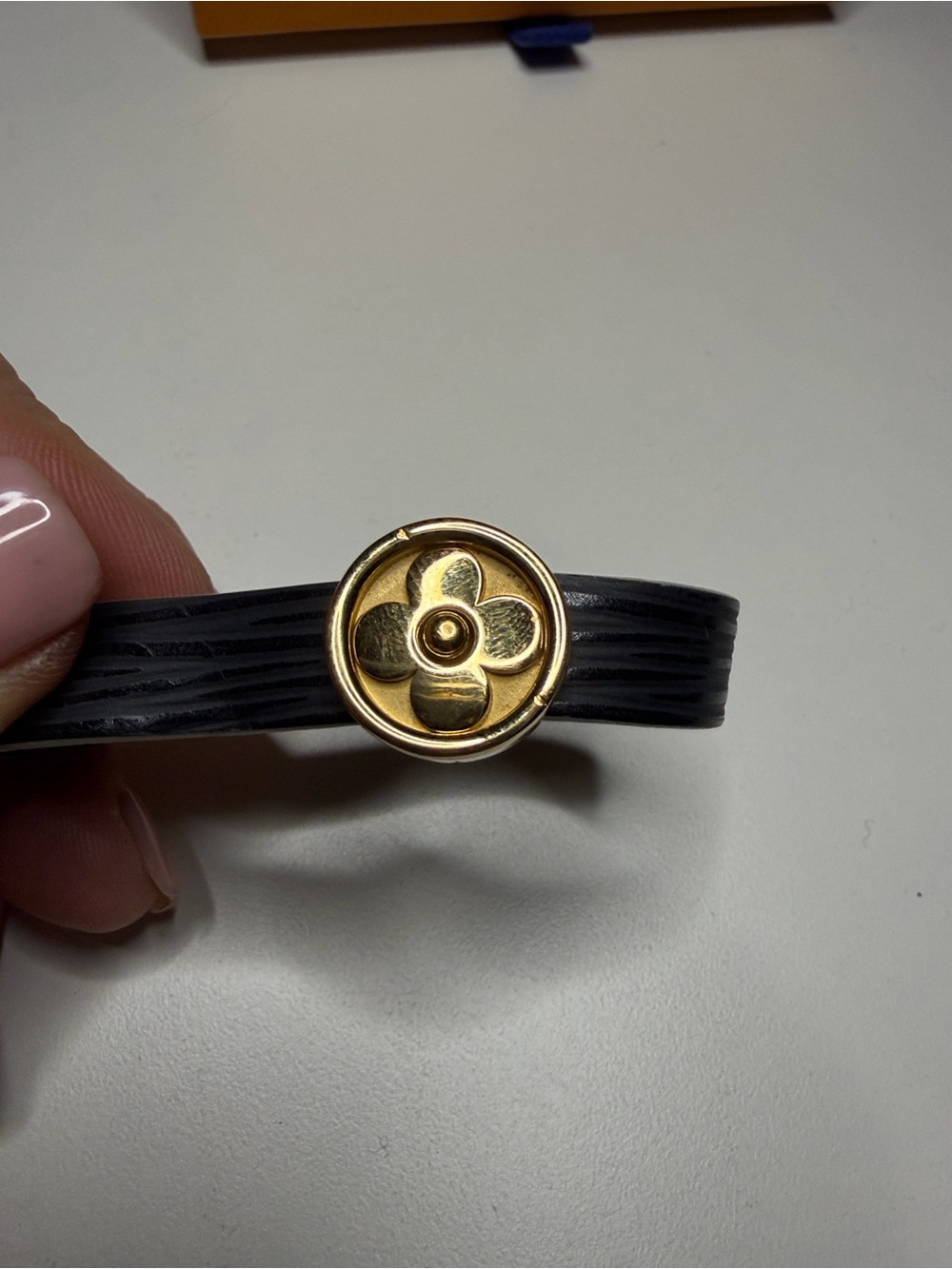 Louis Vuitton Black Leather Bracelet with Gold Flower Medallion - Picture 2 of 3